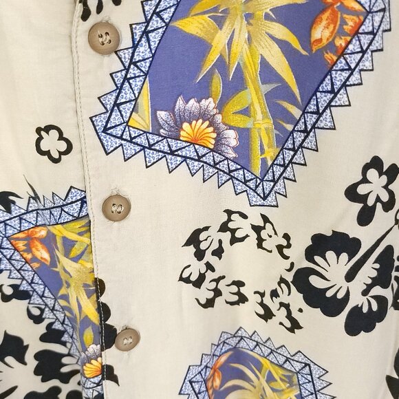 Vtg Wingo Hawaiian Button Front Shirt Men's Med Beige Black Floral Geometric - Picture 2 of 7
